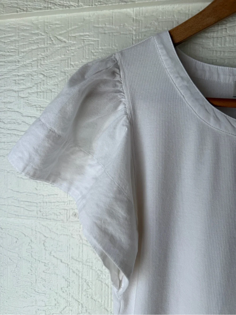 LOFT White Ribbed Button Front Top Small Puff Sleeve NWT